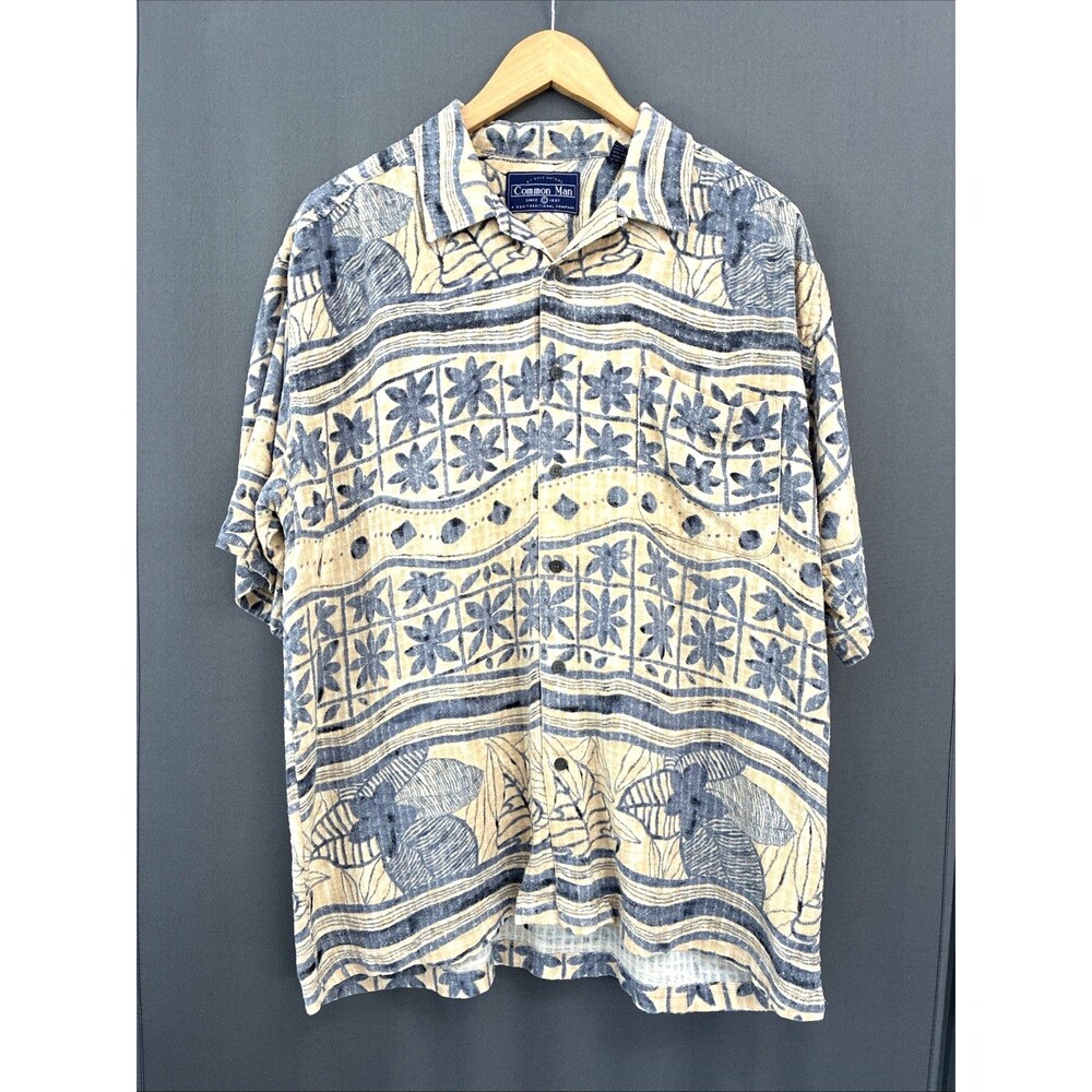 Common Man Silk Button Up Short Sleeve Shirt Large Blue Tropical Coastal Beach - Picture 1 of 10